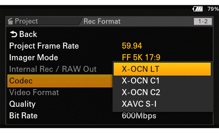 Codec modu menüsünün görüntüsü, X-OCN LT seçili.